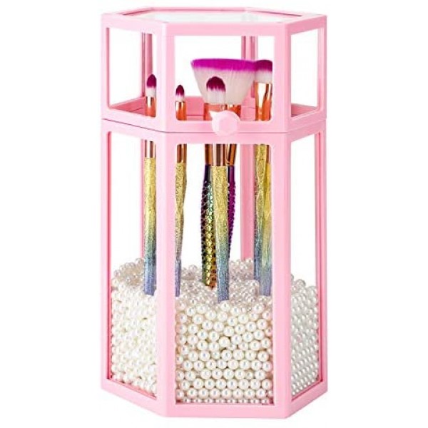 Glass Makeup Brush Storage with Lid, Suream 8.46” Pink Clear Hexagon Dustproof Transparent Cosmetic Pen Organizer Display Holder with White Pearls for Desktop, Dresser, Countertop and Bedroom Vanity