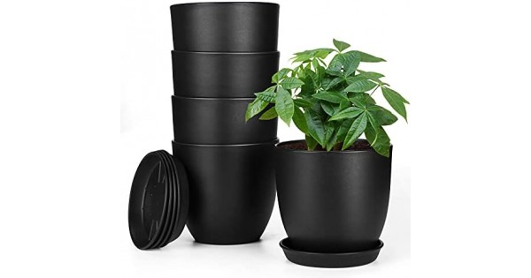 Plant Pots with Drainage Holes, Greaner 6inch Round Plastic Planters,  Mordern Matte Black Cactus, Flower, Succulents